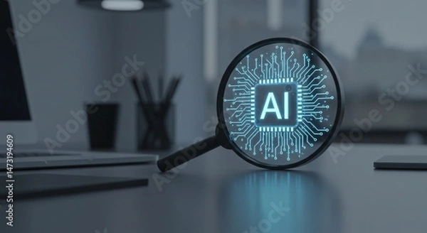 Obraz AI-Powered Search Illustration with Magnifying Glass, Circuit Board, and AI Icon in a Modern Tech Workspace for Smart Data Retrieval