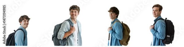 Fototapeta Four smiling Caucasian students with backpacks look to their left on transparent background