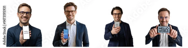 Fototapeta Smiling man presenting 'Hello world' on phone screen, wearing glasses and suit on transparent background