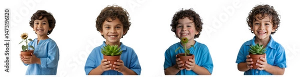 Fototapeta Smiling young boy holds potted plants displaying a cheerful demeanor on transparent background
