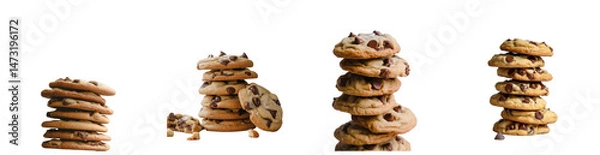 Fototapeta Stacks of tasty chocolate chip cookies vary in quantity on transparent background