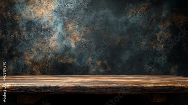 Obraz 3D wooden table close-up against dark textured wall, high resolution for interior design concept