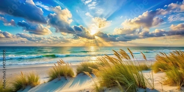 Obraz Serene Coastal Sunset Golden Hour Rays Illuminate Sandy Beach and Grassy Dunes