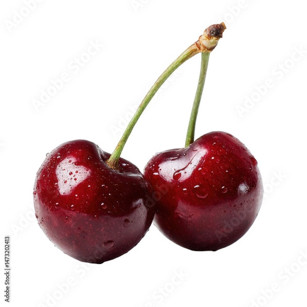 Fototapeta Two red cherries with water drops isolated on wet food ripe life stem dark on transparent background