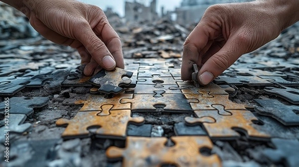Fototapeta Rebuilding from Rubble – Hands Assembling a Puzzle of Broken Cities. Generative AI.