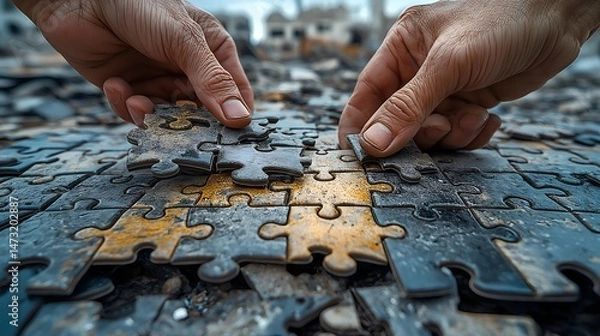 Fototapeta Rebuilding from Rubble – Hands Assembling a Puzzle of Broken Cities. Generative AI.