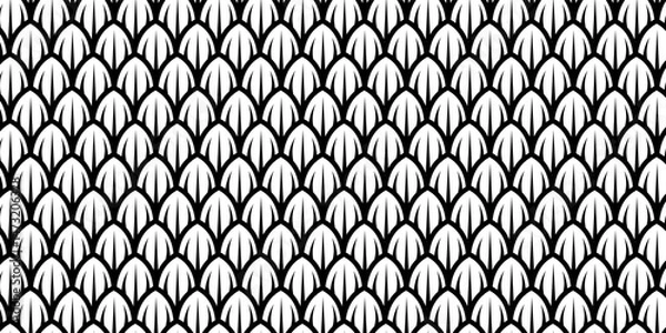 Fototapeta Dragon snake reptile fish mermiad scale seamless pattern tile. Dinosaur skin seamless pattern. Vector black line background.