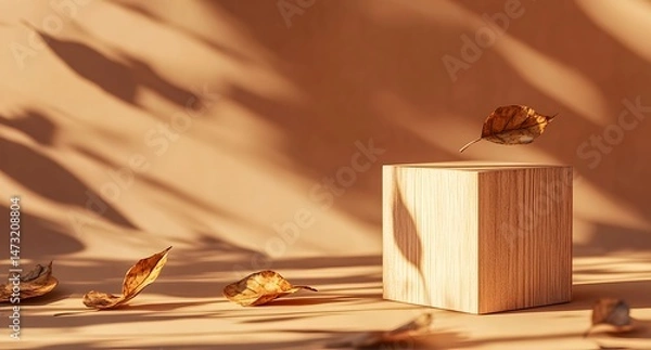 Fototapeta A minimalist studio scene features a wooden podium, golden leaves, and soft lighting for a product display.