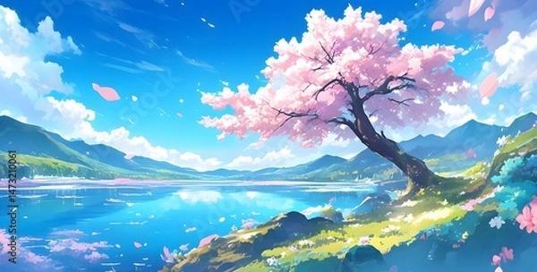 Fototapeta Cherry Blossom tree on a hillside, overlooking a scenic lake under a brilliant sky.