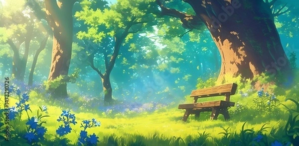 Fototapeta Tranquil woodland scene with a wooden bench bathed in sunlight and surrounded by nature.