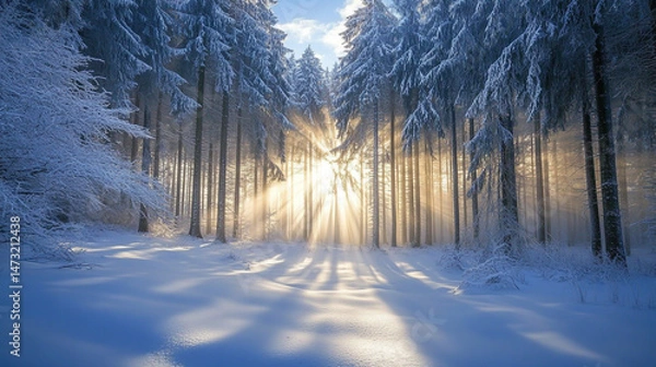Obraz The trees in the winter forest are covered with snow, a circle of branches on both sides is drawn into an arch shape, forming a circular frame
