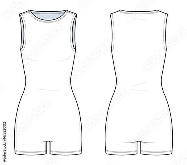 Fototapeta Sleeveless Biker Romper Technical Fashion Illustration. Women’s Active One-Piece Vector Template. Front and Back View. Fitted Silhouette. Crew Neck. CAD Mockup set