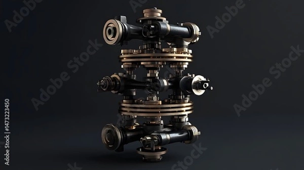 Fototapeta A close up of a metal pipe with many valves and a large round valve. Concept of complexity and precision, as the valves are intricately designed and arranged. The metallic appearance of the pipe