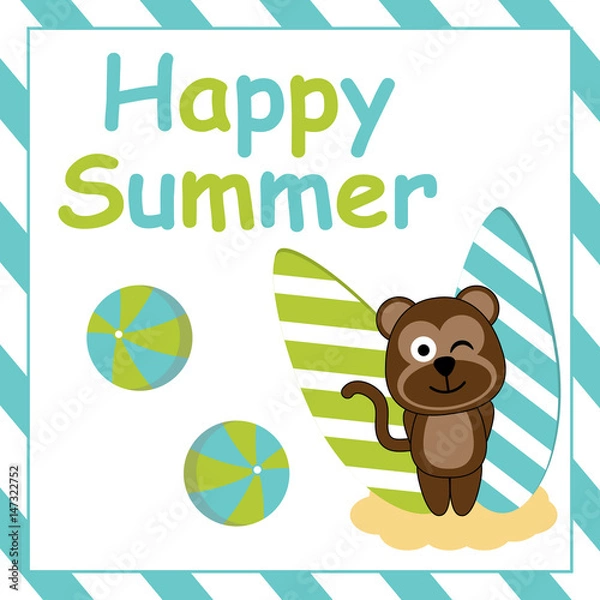 Fototapeta Cute monkey is standing beside surfing board vector cartoon, Summer postcard, wallpaper, and greeting card, T-shirt design for kids