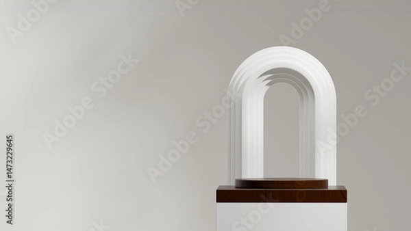 Fototapeta in landscape arch and spheres, rendering 3d empty scene wood texture block and cylinder podium