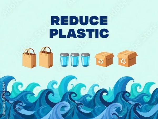 Fototapeta Reduce Plastic Pollution Sustainable Alternatives for a Cleaner Ocean.  Choose Reusable Bags, Glasses, and Cardboard Boxes to Minimize Waste and Protect Our Marine Environment.