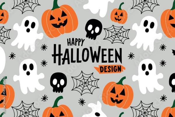 Fototapeta Fun and festive halloween pattern design featuring pumpkins, ghosts, skulls, and spiders.