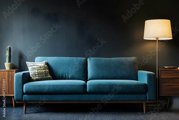 Fototapeta Minimalist interior design of a modern living room with a blue sofa, sideboard, and lamp against a dark gray wall background.