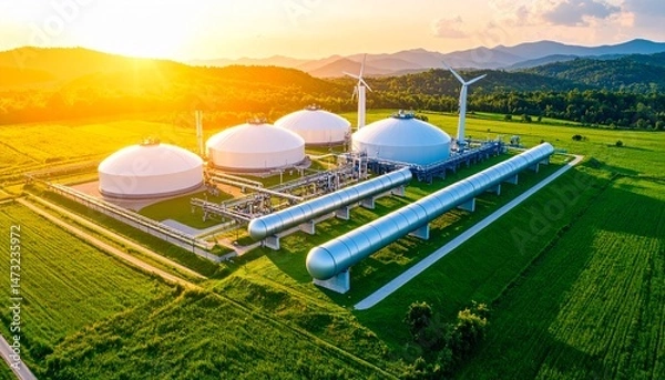 Fototapeta Facility amidst green fields under a sunset sky, with tanks, pipelines, and turbines
