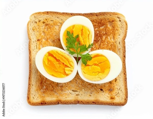 Fototapeta A toasted bread slice topped with three halved hard-boiled eggs and a sprig of parsley