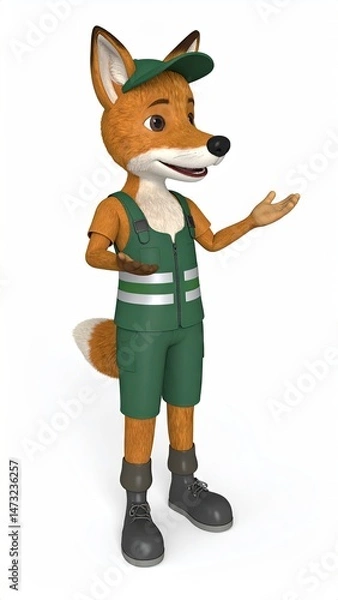 Fototapeta Fox character in green uniform, posed with an open hand gesture