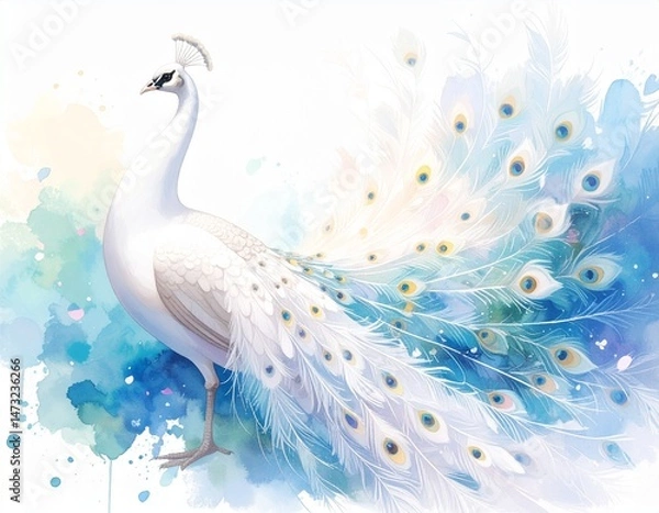 Fototapeta Elegant white peacock with flowing, iridescent tail feathers