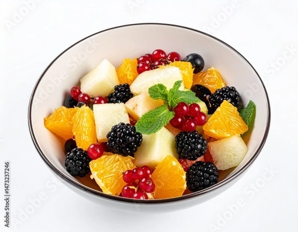 Fototapeta Refreshing fruit salad in a bowl oranges, melon, blackberries, currants, and mint leaves