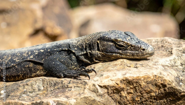 Fototapeta Reptile basks on a rock, textured skin and claws visible in the sunlight, resting calmly