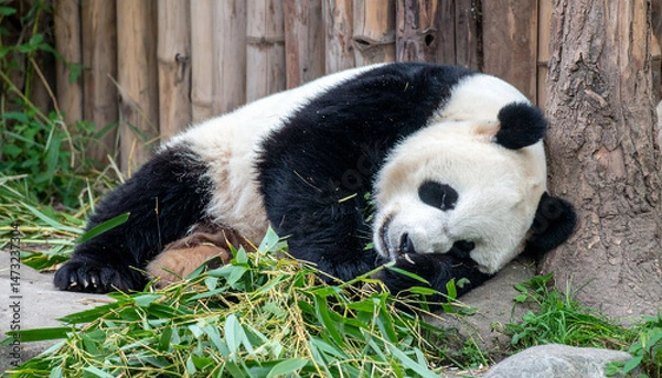 Fototapeta Sleeping panda A black and white panda curled up, nestled against a tree with bamboo around