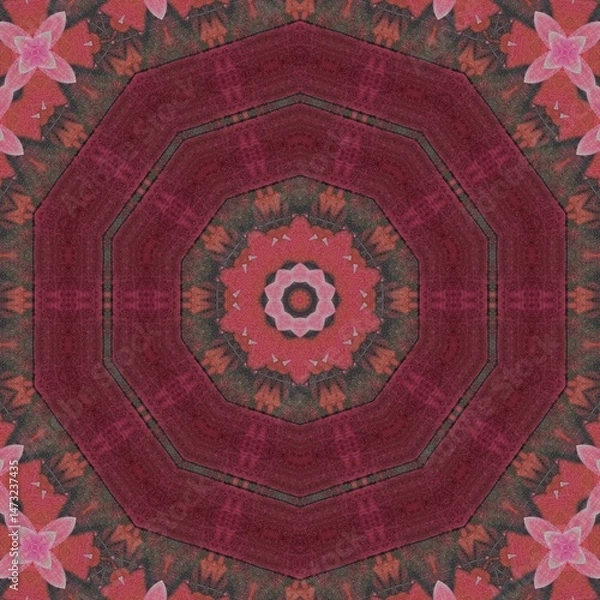 Fototapeta Traditional design with phulkari kalamkari motifs from Pakistan and Indian culture. Geometric ethnic floral pattern for carpet dupatta batik embroidery. Panjabi Digital print as boho Aztec texture art
