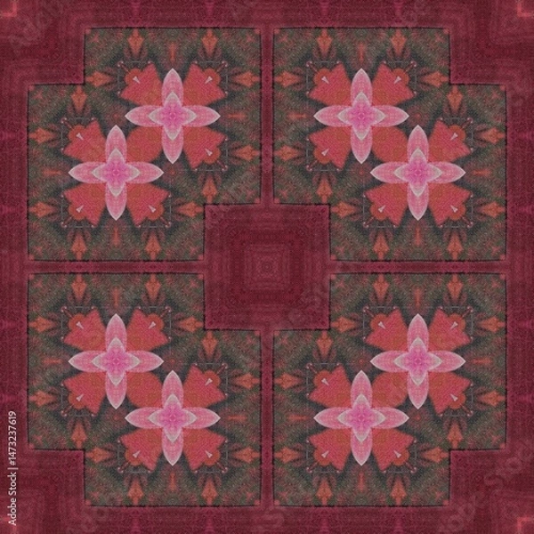 Fototapeta Traditional design with phulkari kalamkari motifs from Pakistan and Indian culture. Geometric ethnic floral pattern for carpet dupatta batik embroidery. Panjabi Digital print as boho Aztec texture art
