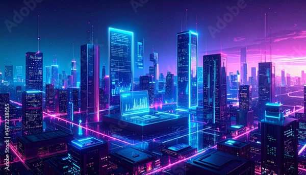 Fototapeta Cyberpunk city tall buildings glow with neon lines and screens in an advanced technological setting