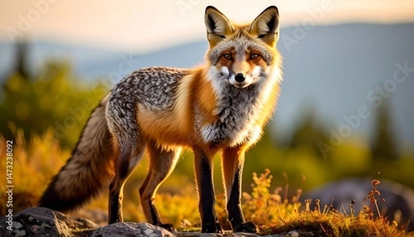 Fototapeta Fox stands alert on rocky terrain under warm sunset lighting near distant mountains