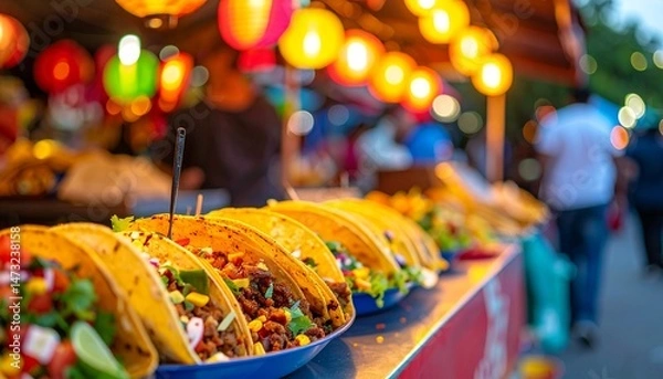 Fototapeta Outdoor food stall with rows of tacos, illuminated by colorful lanterns, and blurred people around