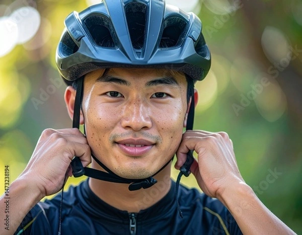 Fototapeta Smiling man adjusts his cycling helmet outdoors, looking directly at the viewer