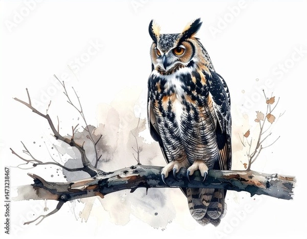 Fototapeta Watercolor owl perches on a branch, watchful eyes gleaming in artful detail