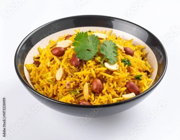 Fototapeta Yellow rice with peanuts and cilantro served in a black and white bowl