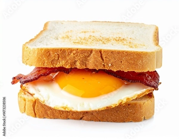 Fototapeta Simple sandwich with fried egg and crispy bacon between two slices of toast bread