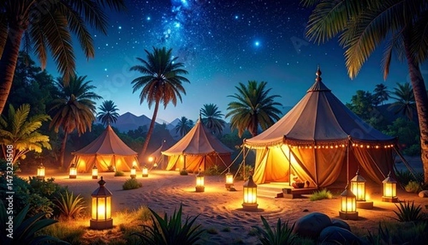 Fototapeta Camp beneath a celestial sky, tents aglow with golden light surrounded by palm trees