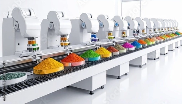 Fototapeta Robotic arms handle vibrant powder pigments on a conveyor belt in a clean, bright industrial setting