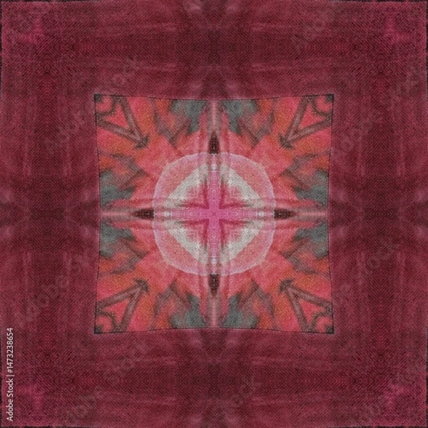 Fototapeta Traditional design with phulkari kalamkari motifs from Pakistan and Indian culture. Geometric ethnic floral pattern for carpet dupatta batik embroidery. Panjabi Digital print as boho Aztec texture art