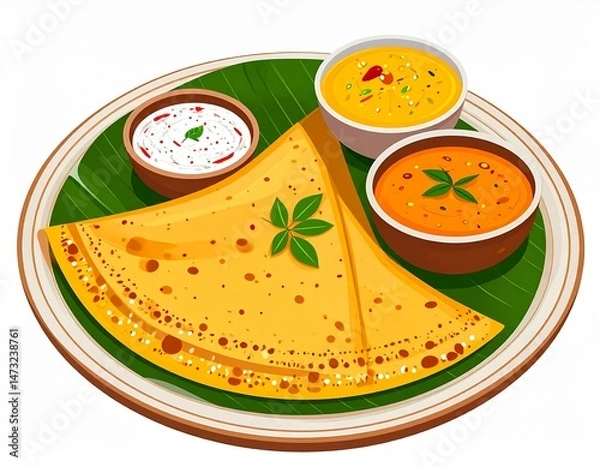 Fototapeta Crisp crepe dish served with flavorful dipping sauces on a banana leaf platter