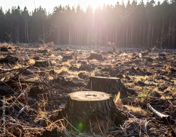Fototapeta Tree stumps fill a deforested area, back-lit by sunlight, bordering a forest
