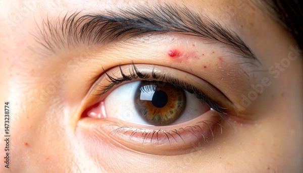 Fototapeta Close-up of an eye with a blemish above eyebrow, showing intricate details of skin and iris