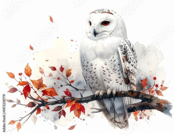Fototapeta Snowy owl perched on autumn branch, with colorful leaves and a watercolor-style background