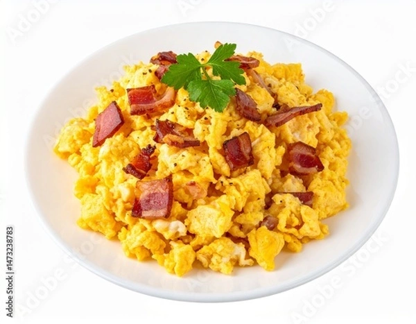 Fototapeta Scrambled eggs and bacon on white plate, garnished with parsley