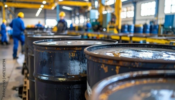 Fototapeta Barrels stacked in a factory, workers and machinery are present in the background