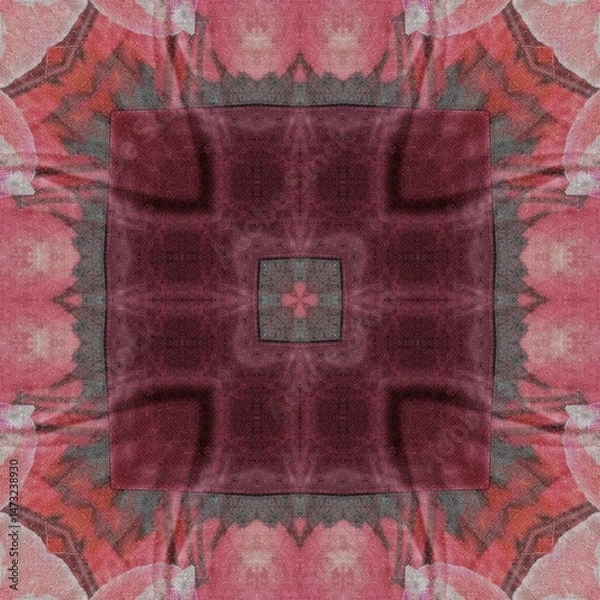 Fototapeta Traditional design with phulkari kalamkari motifs from Pakistan and Indian culture. Geometric ethnic floral pattern for carpet dupatta batik embroidery. Panjabi Digital print as boho Aztec texture art