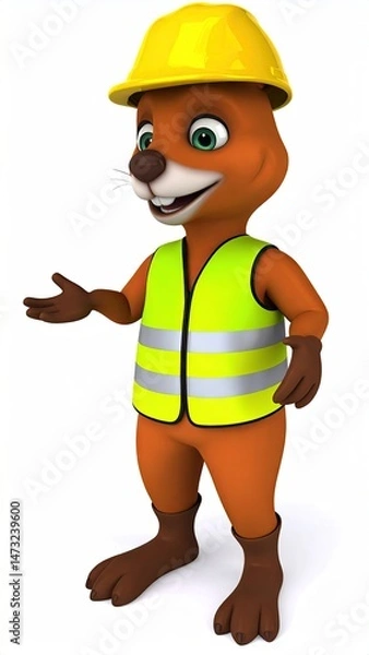 Fototapeta Cartoon beaver construction worker in yellow hardhat and safety vest, presenting with open hand