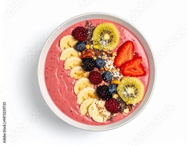 Fototapeta Fruity breakfast bowl! Pink smoothie topped with colorful berries, bananas, kiwi, strawberry, and nut clusters
